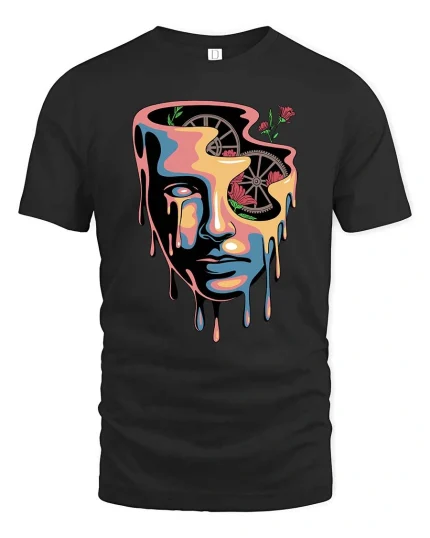 Abstract Melting Face Graphic T-Shirt Surreal Art Design Tee - black t-shirt on white background