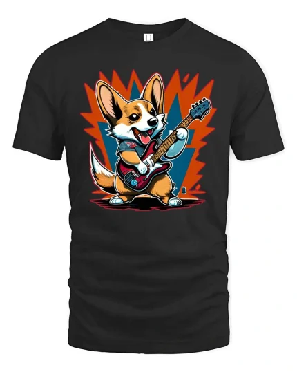 Rock Guitar Corgi Graphic T-Shirt Funny Music Dog Band Tee - black t-shirt on white background