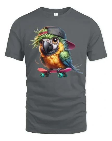 Cool Parrot Skateboard Graphic T-Shirt Cute Skater Bird Tee - gray t-shirt on white background