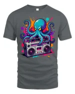 Retro Octopus Boombox Graphic T-Shirt Cool Music Street Tee - gray t-shirt on white background