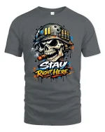 Stay Right Here Skull Soldier Graphic T-Shirt Military Style Tee - gray t-shirt on white background