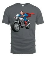 Superhero Biker Graphic T-Shirt Cool Comic Motorcycle Rider Tee - gray t-shirt on white background