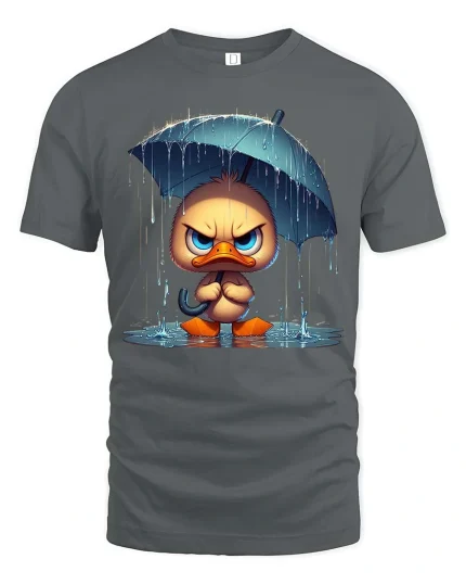 Grumpy Duck Under Umbrella Graphic T-Shirt Funny Rain Tee - gray t-shirt on white background