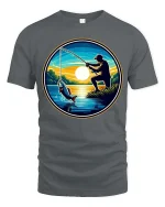 Fishing Sunset Graphic T-Shirt Angler Lake Outdoor Tee - gray t-shirt on white background