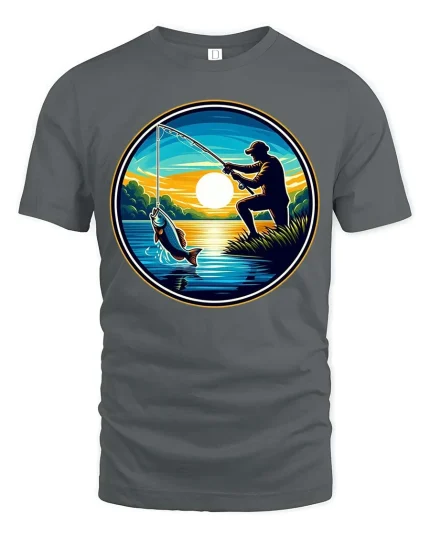 Fishing Sunset Graphic T-Shirt Angler Lake Outdoor Tee - gray t-shirt on white background