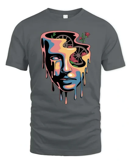 Abstract Melting Face Graphic T-Shirt Surreal Art Design Tee - gray t-shirt on white background