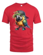 Cool Parrot Skateboard Graphic T-Shirt Cute Skater Bird Tee - red t-shirt on white background
