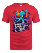 Retro Octopus Boombox Graphic T-Shirt Cool Music Street Tee - red t-shirt on white background