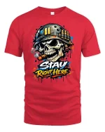 Stay Right Here Skull Soldier Graphic T-Shirt Military Style Tee - red t-shirt on white background