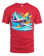 Colorful Jet Airplane Graphic T-Shirt Cool Aviation Travel Tee - red t-shirt on white background