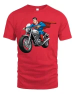Superhero Biker Graphic T-Shirt Cool Comic Motorcycle Rider Tee - red t-shirt on white background