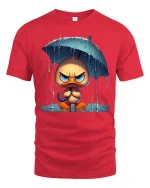 Grumpy Duck Under Umbrella Graphic T-Shirt Funny Rain Tee - red t-shirt on white background
