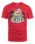 Skeleton Hand Coconut Drink Graphic T-Shirt Tropical Beach Tee - red t-shirt on white background