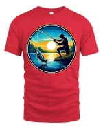 Fishing Sunset Graphic T-Shirt Angler Lake Outdoor Tee - red t-shirt on white background