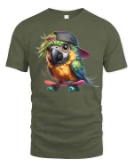 Cool Parrot Skateboard Graphic T-Shirt Cute Skater Bird Tee - military green t-shirt on white background