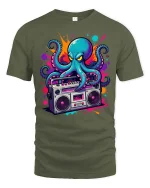 Retro Octopus Boombox Graphic T-Shirt Cool Music Street Tee - military green t-shirt on white background
