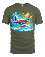 Colorful Jet Airplane Graphic T-Shirt Cool Aviation Travel Tee - military green t-shirt on white background