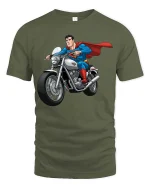 Superhero Biker Graphic T-Shirt Cool Comic Motorcycle Rider Tee - military green t-shirt on white background
