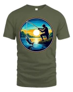 Fishing Sunset Graphic T-Shirt Angler Lake Outdoor Tee - military green t-shirt on white background