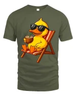 Cool Beach Duck Graphic T-Shirt Funny Summer Vacation Tee - military green t-shirt on white background