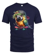 Cool Parrot Skateboard Graphic T-Shirt Cute Skater Bird Tee - navy t-shirt on white background