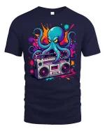 Retro Octopus Boombox Graphic T-Shirt Cool Music Street Tee - navy t-shirt on white background