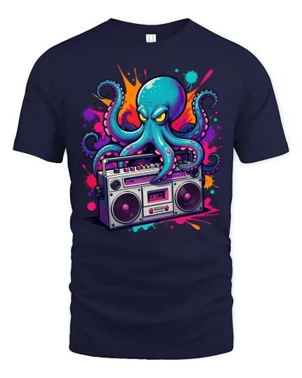 Retro Octopus Boombox Graphic T-Shirt Cool Music Street Tee - navy t-shirt on white background