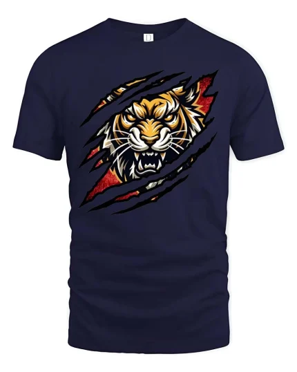 Fierce Tiger Claw Rip Graphic T-Shirt Wild Animal Power Tee - navy t-shirt on white background