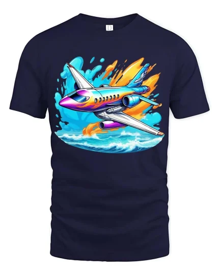 Colorful Jet Airplane Graphic T-Shirt Cool Aviation Travel Tee - navy t-shirt on white background