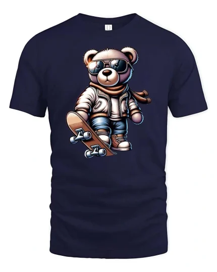 Cool Skateboard Bear Graphic T-Shirt Cute Skater Teddy Tee - navy t-shirt on white background