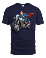 Superhero Biker Graphic T-Shirt Cool Comic Motorcycle Rider Tee - navy t-shirt on white background