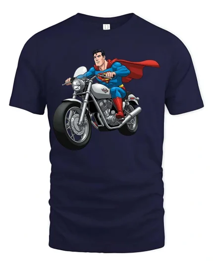 Superhero Biker Graphic T-Shirt Cool Comic Motorcycle Rider Tee - navy t-shirt on white background