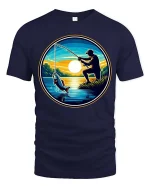 Fishing Sunset Graphic T-Shirt Angler Lake Outdoor Tee - navy t-shirt on white background