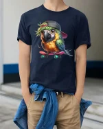 Cool Parrot Skateboard Graphic T-Shirt Cute Skater Bird Tee - model wearing navy tee with hands in pockets