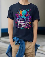 Retro Octopus Boombox Graphic T-Shirt Cool Music Street Tee - model wearing navy tee with hands in pockets