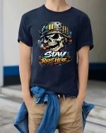 Stay Right Here Skull Soldier Graphic T-Shirt Military Style Tee - model wearing navy tee with hands in pockets