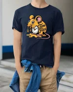 Time Flies Funny Mouse Graphic T-Shirt Cute Humor Cartoon Tee - model wearing navy tee with hands in pockets