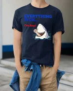 Funny Shark Everything Is OK Graphic T-Shirt Humor Ocean Tee - model wearing navy tee with hands in pockets