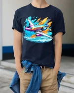 Colorful Jet Airplane Graphic T-Shirt Cool Aviation Travel Tee - model wearing navy tee with hands in pockets