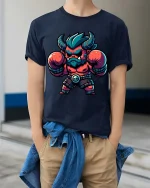 Funny Demon Boxer Graphic T-Shirt Cute Monster Boxing Tee - model wearing navy tee with hands in pockets