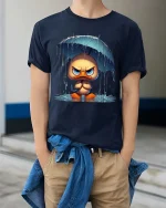 Grumpy Duck Under Umbrella Graphic T-Shirt Funny Rain Tee - model wearing navy tee with hands in pockets