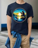 Fishing Sunset Graphic T-Shirt Angler Lake Outdoor Tee - model wearing navy tee with hands in pockets