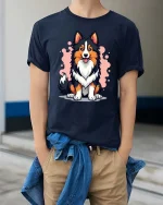 Cute Border Collie Dog Graphic T-Shirt Pet Lover Puppy Tee - model wearing navy tee with hands in pockets