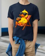 Cool Beach Duck Graphic T-Shirt Funny Summer Vacation Tee - model wearing navy tee with hands in pockets
