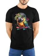 Cool Parrot Skateboard Graphic T-Shirt Cute Skater Bird Tee - model wearing black tee with hands behind back