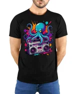 Retro Octopus Boombox Graphic T-Shirt Cool Music Street Tee - model wearing black tee with hands behind back