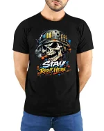 Stay Right Here Skull Soldier Graphic T-Shirt Military Style Tee - model wearing black tee with hands behind back