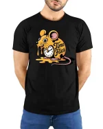 Time Flies Funny Mouse Graphic T-Shirt Cute Humor Cartoon Tee - model wearing black tee with hands behind back