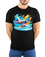 Colorful Jet Airplane Graphic T-Shirt Cool Aviation Travel Tee - model wearing black tee with hands behind back