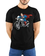 Superhero Biker Graphic T-Shirt Cool Comic Motorcycle Rider Tee - model wearing black tee with hands behind back